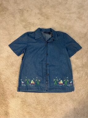 Vintage Y2K Jane Ashley Denim Nautical Embroidered Denim Button-Up Shirt